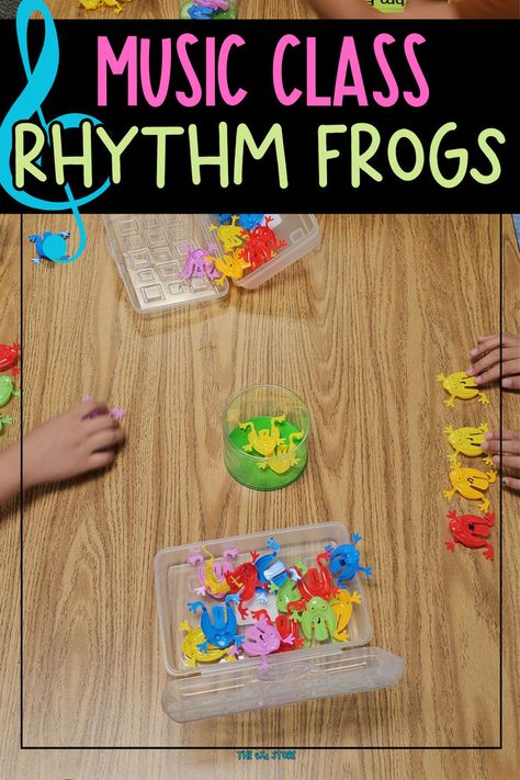 Your elementary music students will have a hoppin' good time with this rhythm frog game! Students can play competatively with a partner, or individually! This is a perfect game to teach your students for those days you have a substitute in music, a class party, or just as an everyday center! Elementary Music Performance Ideas, Music Fine Motor Activities, Primary Music Games, Music Party Games, Music Games For Kids, Music Manipulatives, Music Rhythm Games, Music Centers Elementary, Elementary Music Games