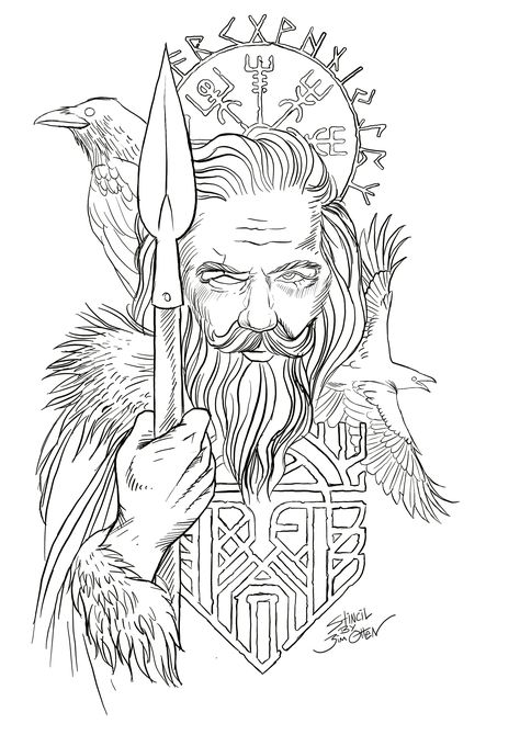 How To Draw Viking, Odin Tattoo Stencil, Norse Mythology Drawing, Odin Drawing, Odin Allfather, Fine Tattoo, Pagan Tattoo, Tattoo Zeichnungen, Norse Pagan