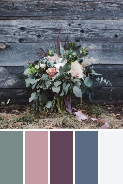 Mauve, Pink and Blue Bridal Bouquet with Eucalyptus | Ashley Carlascio Photography | This boho bridal bouquet from a wedding at Gardener Ranch, a premiere wedding venue in California, is one of my favorites! It included peach, pink, blue and white florals all tied together with lush eucalyptus stems and pampas grass! Save this for wedding bouquet inspiration and see more from this wedding on the blog. #californiaphotographer #californiawedding #californiaweddingphotographer Mauve Pink And Navy Blue Wedding, Mauve Eucalyptus Wedding, Bridal Bouquet Color Schemes, Mauve Blue And Green Wedding, Mauve Blue White Wedding, Mauve Navy Sage Wedding, Mauve Blue Wedding, Mauve And Eucalyptus Wedding, Pink Blue Sage Wedding