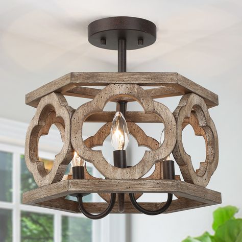 Farmhouse Flush Mount Lighting, Kitchen Island Ceiling, Foyer Ceiling Lights, Bronze Candle Holders, Wood Light Fixture, Rustic Kitchen Island, Cage Pendant Light, Farmhouse Chandelier, Semi Flush Ceiling Lights