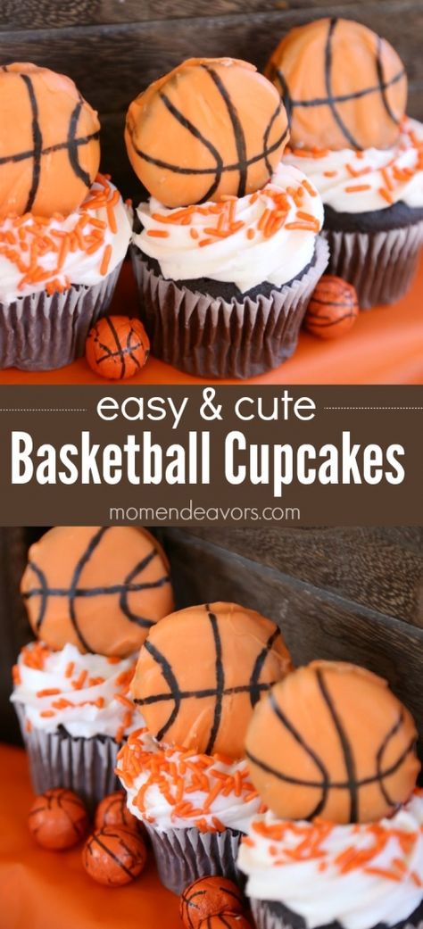 Slam Dunk Basketball Cupcakes – Mom Endeavors Easy Basketball Cupcakes, Basketball Desserts, Speciality Cupcakes, Football Cupcake Cakes, Lakers Party, Sports Treats, Birthdays Decorations, Basketball Cakes, Ball Cupcakes