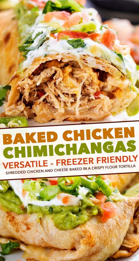 Chimichangas Chicken, Baked Chimichangas, Baked Chicken Chimichangas, Cheese Burrito, Chicken Chimichangas, Chimichanga Recipe, Chicken Mexican, Chunky Chef, Authentic Mexican Recipes