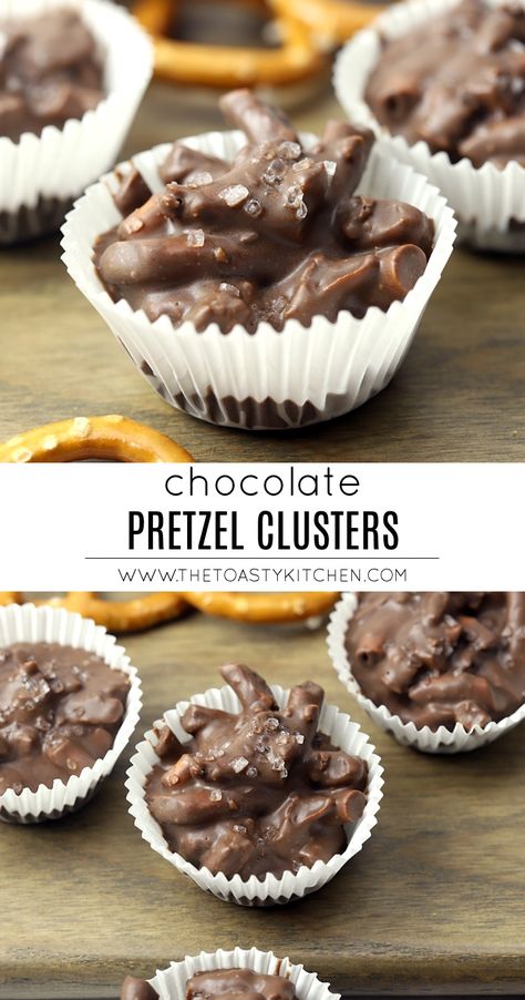 Chocolate Pretzel Clusters by The Toasty Kitchen #chocolate #candy #recipe #pretzels #pretzelclusters #meltingwafers #nobake #easydessert #easyrecipe Treats With Pretzels, Pretzels Treats, Baking With Pretzels, Chocolate And Pretzels, Crushed Pretzels Recipes, Candy With Pretzels, Uses For Pretzel Sticks, Pretzels And Chocolate, Recipe Using Pretzels