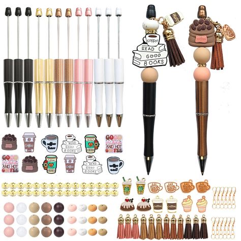 PRICES MAY VARY. Coffee Beadable Pens Set — Package includes 12 beadable ballpoint pens in 5 colors, 12pcs coffee theme silicone focal beads, 15pcs 15mm round silicone beads in 5 colors, 12pcs Lentil silicone beads in 4 colors, 12pcs cute coffee theme pendants,12pcs 30mm tassles in 4 colors,12pcs lobster clips, 30pcs 8mm rhinestone spacer beads. Premium Material — These ballpoint pens are made of quality plastic material, strong and sturdy. Come with silicone beads bulk made of food-grade silico Doorables Crafts, Bead Pens, Jewelry Holder Stand, Beadable Pens, Pen Diy, Beaded Pens, Coffee Theme, Pen Kits, Custom Pens