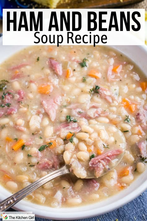 Bowl of ham and bean soup with spoon. Title: Ham and Beans Soup Recipe. Ham And Bean Potato Soup, White Bean And Potato Soup With Ham, Homemade Bean Soup Ham Bone, Ham Steak Soup Recipes, Creamy Ham And Bean Soup Recipes, Homemade Ham And Bean Soup, Ham Beans Soup, Beam And Ham Soup, Ham Bean And Potato Soup Recipes