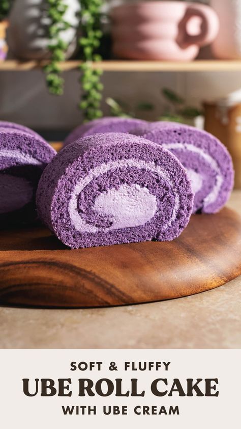 Ube Roll Cake, Ube Cake Recipes, Ube Flan Cake Recipe, Ube Cake Roll, Ube Roll Cake Recipe, Ube Chiffon Cake, Ube Roll, Budapest Cafe, Ube Desserts