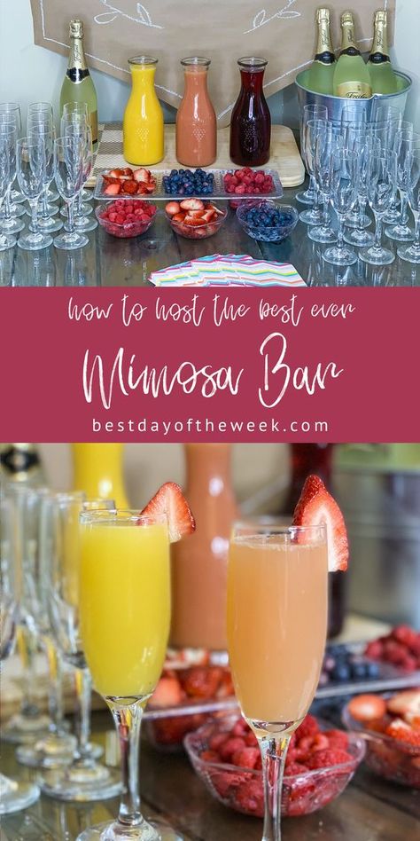 Sip And See Mimosa Bar, How Much Champagne For Mimosa Bar, Non Alcoholic Mimosa Bar Ideas, Mimosas Bar Ideas Brunch Party, Mimosa Bar Party Ideas, Mimosa Bar Ideas Birthday, Fancy Mimosa Bar, New Years Brunch Party, Brunch Juice Bar