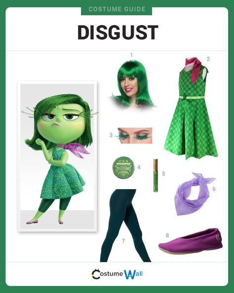 Go green with a costume that looks just like Disgust, one of Riley's emotions from Disney/Pixar's Inside Out. Inside Out 2 Dress Up, Disgust Inside Out Halloween Costume, Disgust From Inside Out, Disgust Inside Out Costume, Disgust Disneybound, Inside Out Inspired Outfits, Green Costume Ideas, Green Dress Halloween Costume, Inside Out 2 Outfit Ideas