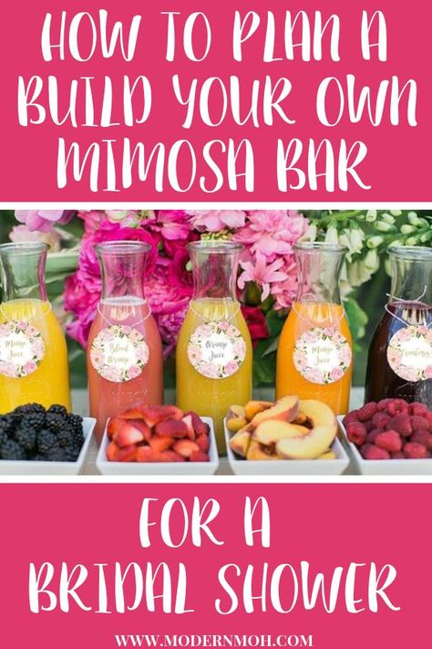 Cheap Mimosa Bar, Best Juices For Mimosa Bar, Fruit Bridal Shower Ideas, Mocktail Mimosa Bar, Fruit For Mimosa Bar, Mimosa Bar Bridal Shower Ideas, Mimosas Bar Ideas, Bridal Shower Beverages, Mimisa Bar