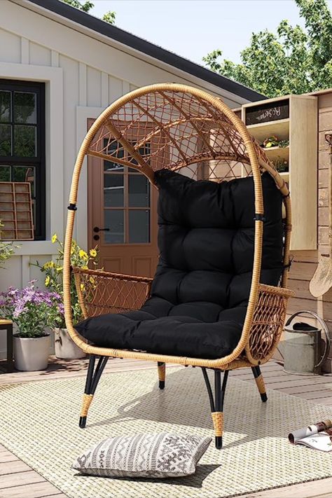 Netural Black Modern Hand Woven Wicker Egg Chair, Patio Sun Shade Egg Chair with Wide Armrest Allow You to Relax, Strong Metal Frame Lounge Chair w/Cushion for Garden, Balcony, Living Room Egg Chair Patio, Cozy Eclectic Home, Patio Sun Shade, Wicker Egg Chair, Patio Sun Shades, Balcony Living Room, Apartment Needs, Basket Chair, Chic Chair