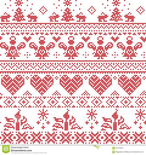 Scandinavian Nordic Christmas seamless cross stitch pattern with angels, Xmas trees, rabbits, snowflakes, candles in white and red Scandinavian Cross Stitch Patterns, Hipster Pattern, Norwegian Christmas, Fair Isles, Xmas Trees, Learn Embroidery, Nordic Christmas, Cross Stitch Borders, Needlework Patterns