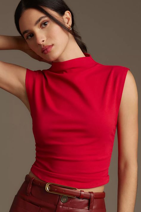 Reformation Lindy Knit Top | Anthropologie Red Top Outfit, Fitted Crop Top, Tøp Aesthetic, The Reformation, Feminine Blouses, Red Fits, Mock Neckline, Red Shirt, Red Top