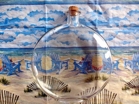 Reverse Decoupage Bottle With Decorative Napkins and Beachy Items Reverse Decoupage, Wine Bottle Christmas Decorations, Coastal Creations, Clear Wine Bottle, Florida Decor, Decoupage Decor, Mod Podge Crafts, Decoupage Glass, Decoupage Ideas