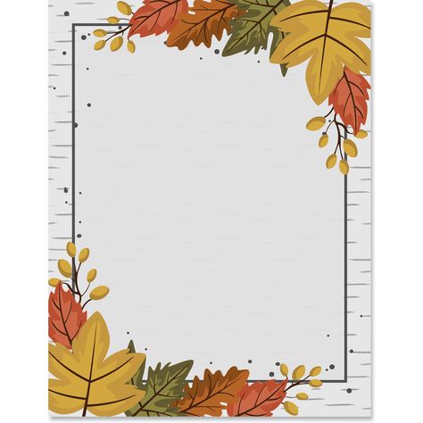 The simple, seasonal beauty of these Birch Bliss Border Papers is a great complement for your customized message. Each paper features a birch tree bark border and a variety of colored Fall leaves along the top and bottom edges. Customize the center of these stationery papers for all sorts of Fall events and holidays, like Harvest Festivals, leaf-viewing tours, cookoffs, potlucks, school events, Thanksgiving, and more.  8 1/2" x 11" Full-color design, 1-side 28lb stock Laser and inkjet compatible Autumn Border Designs, Creative Stationery Design, Autumn Printables, Birch Tree Bark, Fall Borders, Harvest Festivals, Printable Border, Leaf Projects, Paper Border