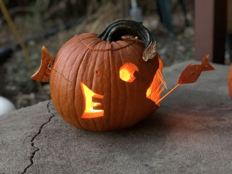 My 13 y/o’s pumpkin this year takes the bait! Whale Shark Pumpkin Carving, Fish Pumpkin Carving Ideas, Angler Fish Pumpkin Carving, Angler Fish Pumpkin, Flounder Pumpkin, Ship Pumpkin Carving, Fishing Pumpkin, Fish Pumpkin Carving, Shark Pumpkin Carving