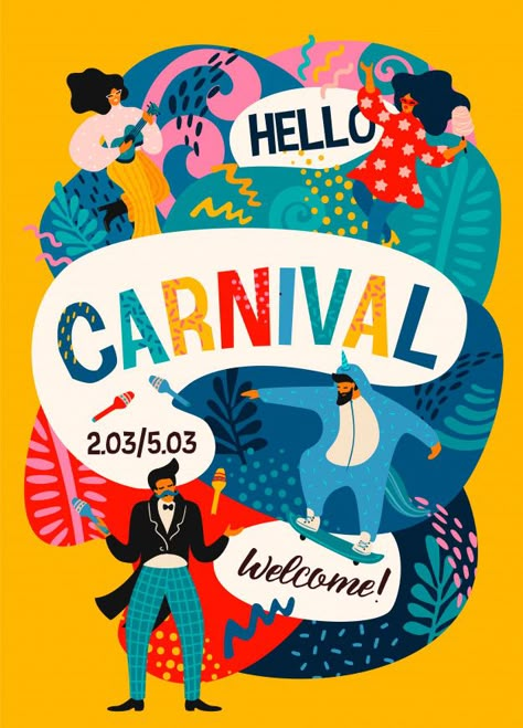 Hello carnival. vector poster with funny... | Free Vector #Freepik #freevector #poster #music #people #party Carnaval Design, Carnival Poster, Carnival Theme Party Decorations, Celebration Poster, Carnival Theme Party, Theme Carnaval, Carnival Posters, Modern Costumes, Jazz Poster