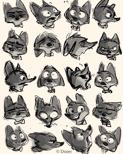 Before I started boarding on Zootopia 3 years ago I made a facial expression sheet to try to figure out how I would draw Nick.  I hung it above my desk for reference during the production. Luckily the crew had our amazingly talented director Byron Howard to show us how to really draw the characters! #Zootopia #nick #disneyanimation  #sketch by whittlewoodshop Facial Expression Sheet, Character Expression Sheet, Zootopia Concept Art, Human Face Drawing, Facial Expressions Drawing, Expression Sheet, Zootopia Art, Disney Concept Art, Drawing Expressions