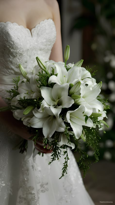 Elegant Classic White Lily Wedding Bouquet Large Cascading Wedding Bouquets, Lily Bridal Bouquet White, White Lily Bridal Bouquet, Bouquet Of Flowers Bride, Wedding Bouquet With Lilies, Lilies Bouquet Wedding, Wedding Bouquets Lilies, White Flower Arrangements Wedding, Bouquets With Lilies