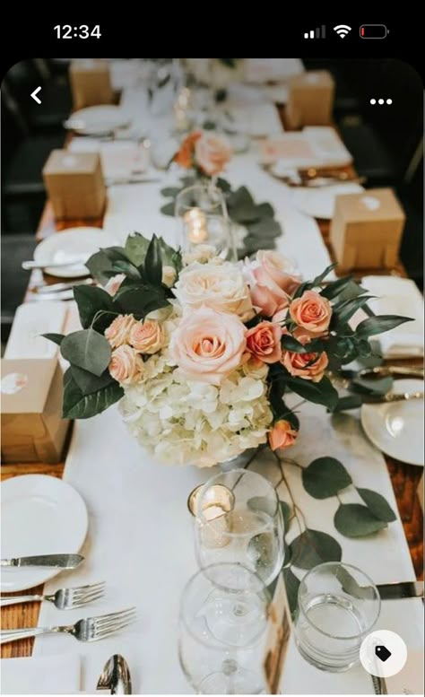 Dusty Rose And Peach Wedding Flowers, Peach Table Runner Wedding, Eucalyptus And Peach Wedding, Peach And Ivory Wedding Theme, Wedding Decor Peach, White And Peach Wedding Decor, Peach Centerpiece Wedding, Light Peach And Ivory Wedding, Peaches And Cream Wedding Theme