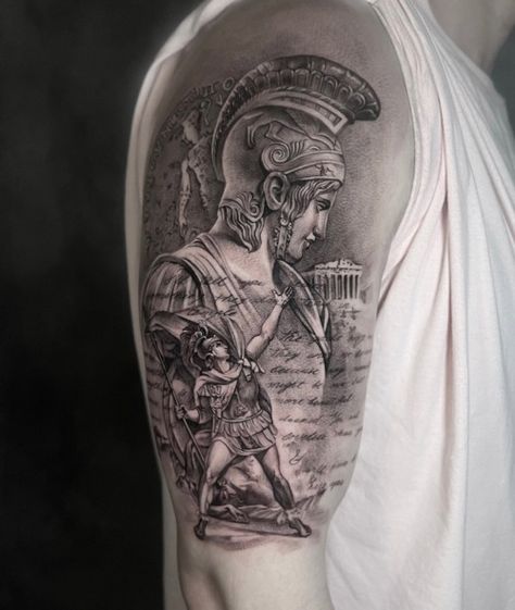 Ares Tattoo, Achilles Tattoo, Upper Arm Tattoos For Guys, Greek God Tattoo, Roman Tattoo, Temple Tattoo, Bible Tattoos, Basic Tattoos, Tribute Tattoos