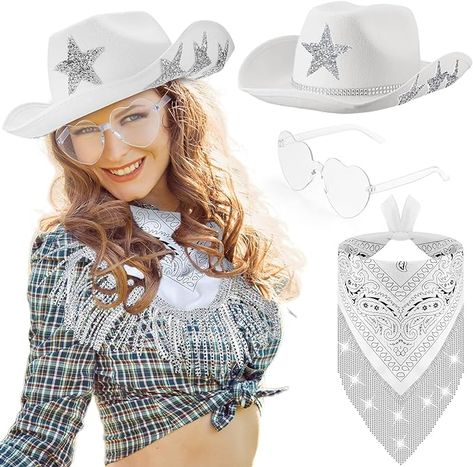 Amazon.com: Toulite 3 Pcs Rhinestone Star Cowboy Hat Heart Shape Sunglasses Cowboy Bandanas Set White Cowgirl Hat Rimless Heart Glasses Fringe Bandanas for Women Men Cosplay Western Party : Clothing, Shoes & Jewelry Rave Bandana, Star Cowboy Hat, Glitter Cowgirl, Cowboy Fringe, Heart Shape Sunglasses, Western Costume, Cowboy Bandana, Transparent Heart, Men Cosplay