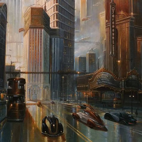 #Dieselpunk #Decopunk #ArtDeco #Retrofuturism #AlternateHistory Dieselpunk Art, Art Deco City, Steampunk City, Diesel Punk, Cyberpunk City, Art Deco Posters, Fantasy City, Fantasy Places, Futuristic Art