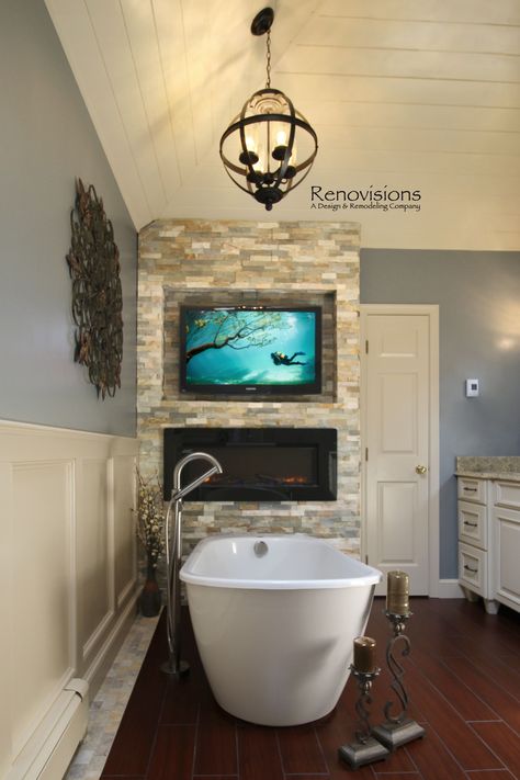 Tv Over Tub Master Bath, Bathroom With Fireplace And Tv, Master Bath With Fireplace And Tv, Bathroom Electric Fireplace, Electric Fireplace Bathroom Wall, Fireplace In The Bathroom, Bathroom With Electric Fireplace, Fireplaces In Bathrooms, Bathtub With Tv On Wall