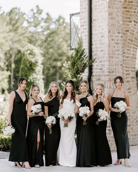 Black Full Length Bridesmaid Dresses, Chiffon Black Bridesmaid Dresses, All Black Bridal Party Dresses, Different Style Black Bridesmaid Dresses, Black Silk Bridesmaid Dress Wedding, Mixed Fabric Black Bridesmaid Dresses, Bridal Party Wearing Black, Bridesmaid Dresses In Black, Black Different Bridesmaid Dresses