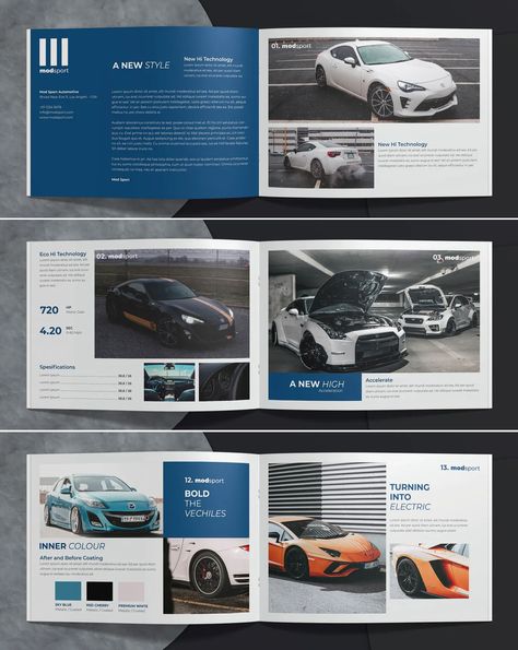 Automotive Catalog Template InDesign - 24 unique pages Car Catalog Design, Catalogue Design Templates, Magazine Layout Inspiration, Catalog Template, Car Advertising Design, Car Catalog, Car Brochure, Car Advertising, Blue Car