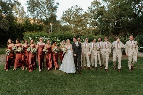 Wedding Party Photos Terracotta, Copper And Tan Wedding Party, Green Tux Wedding Color Schemes, Men’s Wedding Party Suits, Terracotta Themed Wedding, Rust Colored Wedding Party, Rustic Wedding Terracotta, Boho Fall Wedding Groomsmen, Rust Wedding Party Bridesmaid Dress