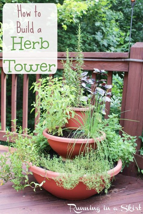 How to Build a Herb Tower Garden- DIY vertical planter using containers for decks or patio. Perfect project for small spaces. | Running in a Skirt Herb Tower, Tower Garden Diy, Patio Herb Garden, Small Herb Gardens, Deck Balcony, Bay Breeze, Vertical Vegetable Garden, Small Patio Garden, Vertical Herb Garden