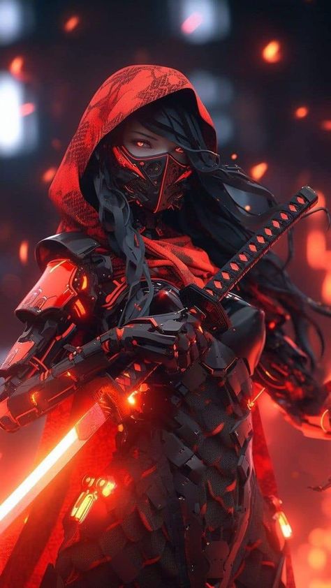 Neon Ninja, Mecha Samurai, Red Ninja, Ninja Wallpaper, Red Aura, Female Ninja, Japanese Warrior, Red Blood, Samurai Art