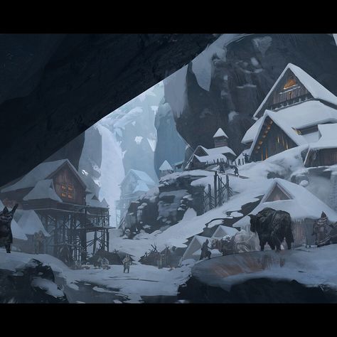 Mountain Village Concept Art, Mountain Village Fantasy Art, Mountains Concept Art, Village Concept Art, Fantasy Village, Bg Design, Mountain City, Location Inspiration, Snowy Mountain