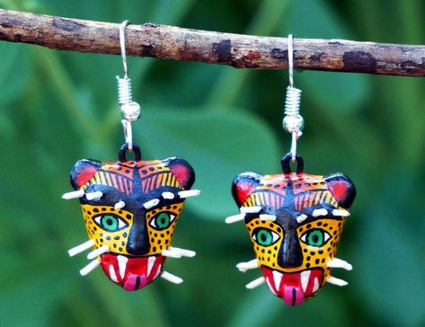 Small Jaguar Tiger Mask Earrings Handmade Hand Painted Puebla Mexican Folk Art Mexican Cat Drawing, Mexican Paper Mache Folk Art, Folk Mask, Mexican Masks Folk, Mexican Masks, Tiger Folk Art, Tiger Mask, Mexican Mask, Leopard Art