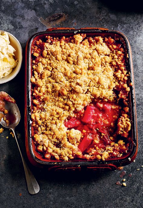 Nadiya Hussain Mango & Coconut Cake Recipe | Nadiya Bakes BBC2 Rhubarb Crumble Recipe, Berry Crumble Recipe, Banana Crumble, Rhubarb Crumble Recipes, Pear Crumble, British Cooking, Rick Stein, British Desserts, Rhubarb Crumble