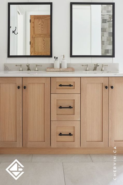 A rift white oak cottage bathroom vanity with bronze hardware. Natural Wood Vanity Bathroom, Bathroom Hardware Ideas, Wood Shaker Cabinets, Oak Vanity Bathroom, Maple Bathroom Vanity, Shaker Bathroom Vanity, Oak Bathroom Cabinets, Wooden Bathroom Vanity, Black Bathroom Hardware