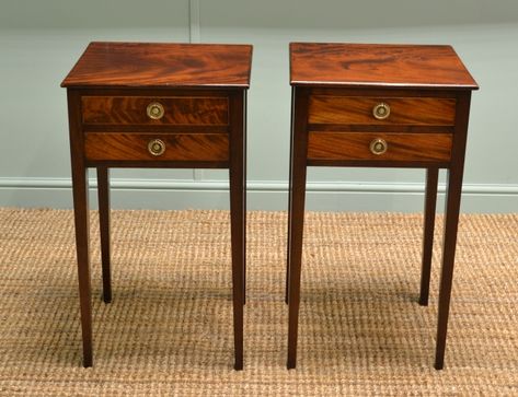 Pair of Victorian Antique Beautifully Figured Mahogany Bed Side Tables. Antique Side Tables, Antique Bedside Tables, Antiquing Furniture Diy, Mahogany Bed, Antique End Tables, Bed Side Tables, Garden Of Words, Vintage Bedside Table, Georgian Furniture