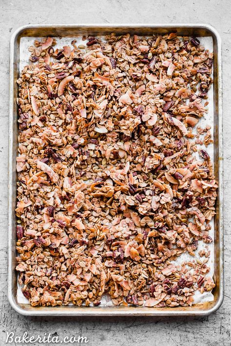 This Coconut Pecan Granola is a flavorful, crunchy, and just lightly sweetened with maple syrup. This gluten-free, refined sugar-free, and vegan granola is perfect for stirring into your yogurt, serving with milk or eating on its own as a snack. Pecan Granola Recipe, Coconut Granola Recipe, Make Your Own Granola, Pecan Granola, Delicious Healthy Breakfast, Vegan Granola, Granola Recipe Homemade, Pecan Rolls, Yummy Healthy Breakfast