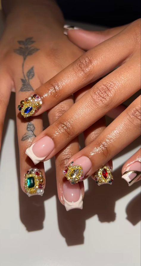 Nail Stone Placement Ideas, Indian Inspired Nails, Ethereal Nails Short, Jewel Tone Nail Designs, Short Rhinestone Nails, Leo Inspired Nails, Leo Nails Zodiac, Short Maximalist Nails, Sagittarius Nails Designs