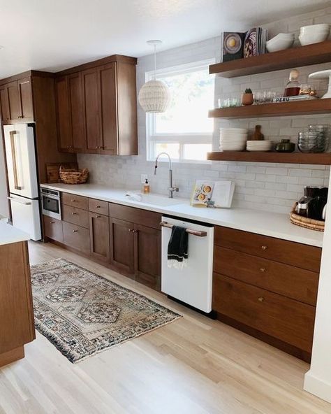 Modern Spanish Bungalow, Brown Kitchen Cabinets, Warm Home Decor, Brown Cabinets, Brown Kitchens, Family Of Five, Dark Kitchen Cabinets, Kitchen Remodel Idea, Wood Kitchen