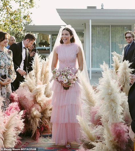 Blissed out: Mandy Moore blissfully shared more photos from the intimate boho-style backyard wedding at her Los Angeles home via Instagram on Tuesday Famous Wedding Dresses, Wedding Walk, Celebrity Bride, Celebrity Wedding Dresses, Pink Wedding Dress, Pink Wedding Dresses, City Hall Wedding, Mandy Moore, Pink Bridesmaid Dresses