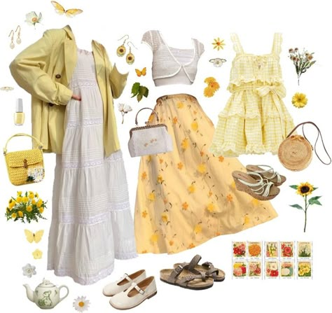 Yellow Cottage-core Look Outfit | ShopLook Yellow Clothing Aesthetic, Cottage Core Outfits Summer, Modest Cottage Core Outfits, Grandma Core Outfit Summer, Cottage Core Style Outfits, Cottage Core Picnic Outfit, Easy Cottage Core Outfit, Summer Cottage Core Outfits, Art Core Outfits