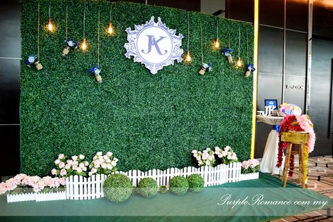 grass backdrop, garden theme, wedding setup, decoration, decor, deco, backdrop, stage, photo booth backdrop, instant print service, green, white fence, pink flowers, maison jars, logo JK, light bulbs, rustic, bangsar south, nexus connexion, gazebo, walkway, pom pom flowers, royal blue, light blue, carpet, ballroom, oak room, ROM, wedding malaysia, seremban, melaka, pahang Photo Station, Selfie Station, Grass Backdrops, Garden Theme Wedding, Event Decorations, Backdrop Ideas, Wedding Blue, Photo Backdrops, Wedding Set Up