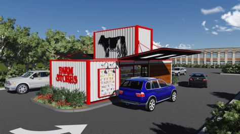 Drive thru Farm Store made using shipping containers - cost efficient franchising Shipping Container Drive Thru, Container Drive Thru, Drive Through Coffee Shop, Container Community, Shipping Container Store, Shipping Container Cost, Outside Cafe, Small Boutique Hotel, Container Park