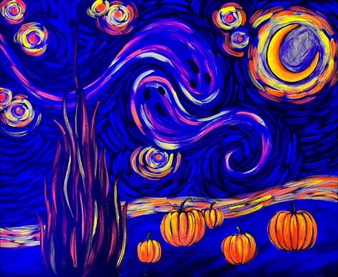 Starry Night Halloween, Blacklight Halloween, Holiday Art Projects, Pinots Palette, Painting Parties, Starry Night Art, Blacklight Party, Fall Art Projects, Halloween Ii