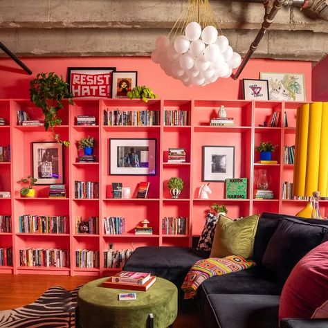 Tour This Colorful Los Angeles Loft With 9 IKEA Bookshelves | Apartment Therapy Teal Wall Paint, Bookshelves Apartment, Colorful Bookshelves, Colorful Loft, Los Angeles Loft, Wall Paint Color, Painted Bookshelves, Dark Teal Color, Berlin Apartment