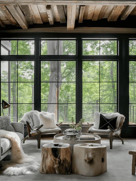 Rustic Modern Sunroom Retreat Concept Modern Sunroom, Rustic Color Schemes, Three Season Room, Sunroom Designs, Contemporary Armchair, Hill Interiors, Wallpaper Walls Decor, Black Windows, Wood Tones