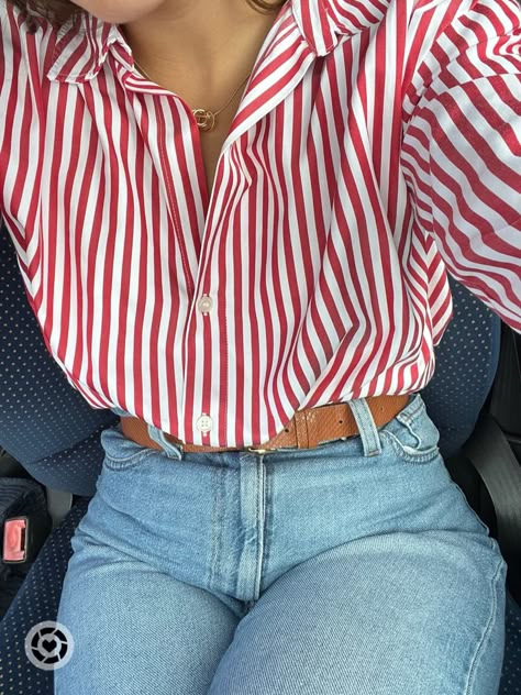 Striped Poplin Shirt Outfit, Red And White Shirt Outfit, Red Striped Shirt Outfit, Striped Top Outfit, Outfits With Striped Shirts, Vacation Outfits Women, Monochromatic Fashion, Winter Fashion Outfits Casual, Modesty Fashion