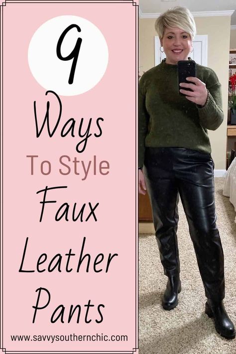 Maybe you have shied away from faux leather leggings in the past. Maybe they just weren’t your style or you found them too tight and uncomfortable. If that’s the case, you are going to love these black faux leather pants. Head to the blog for nine ways to style them. fashion over 40/ fall style/ fall outfits Faux Leather Pants Business Casual, What Shoes To Wear With Black Faux Leather Pants, Black Faux Pants Outfit, Leather Pants And Chelsea Boots Outfit, Faux Leather Joggers Outfit Plus Size, Black Faux Leather Pants Outfit Plus Size, Black Leather Pants Plus Size Outfit, Black Leather Pants Outfit For Concert, How To Style Leather Flare Pants