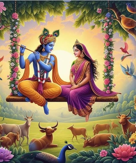 Radha Krishna On Jhula, Radha Krishna Jhula Painting, Radha Krishna Jhula Images, Lord Radha Krishna Pictures, Radha Krishna Painting Ideas, Krishna Painting Ideas, Naruto Shikamaru Temari, Love Of Radha Krishna, Naruto Shikamaru